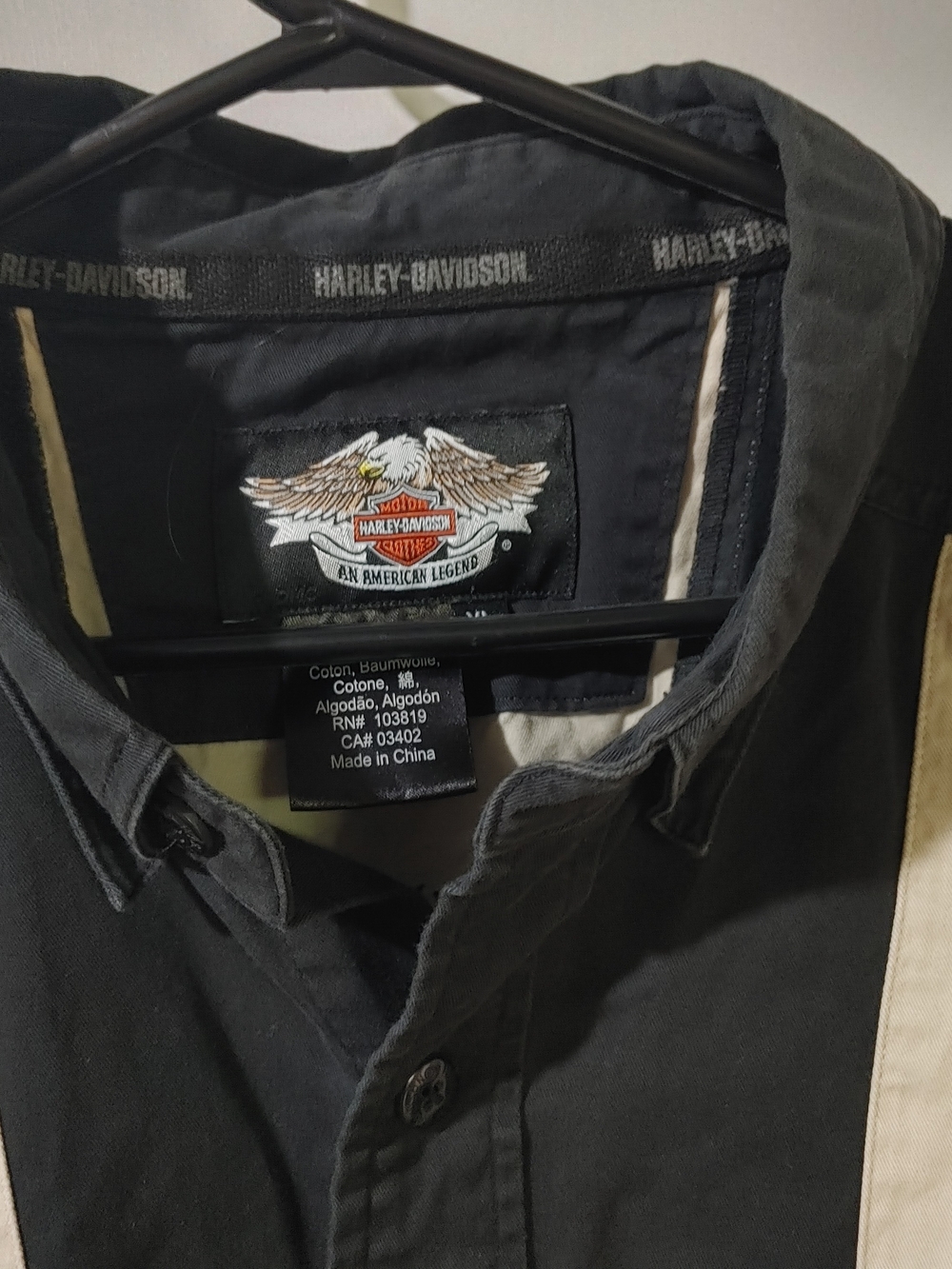 Harley-Davidson Black and Cream Collared Button-Up Shirt with Eagle Patch